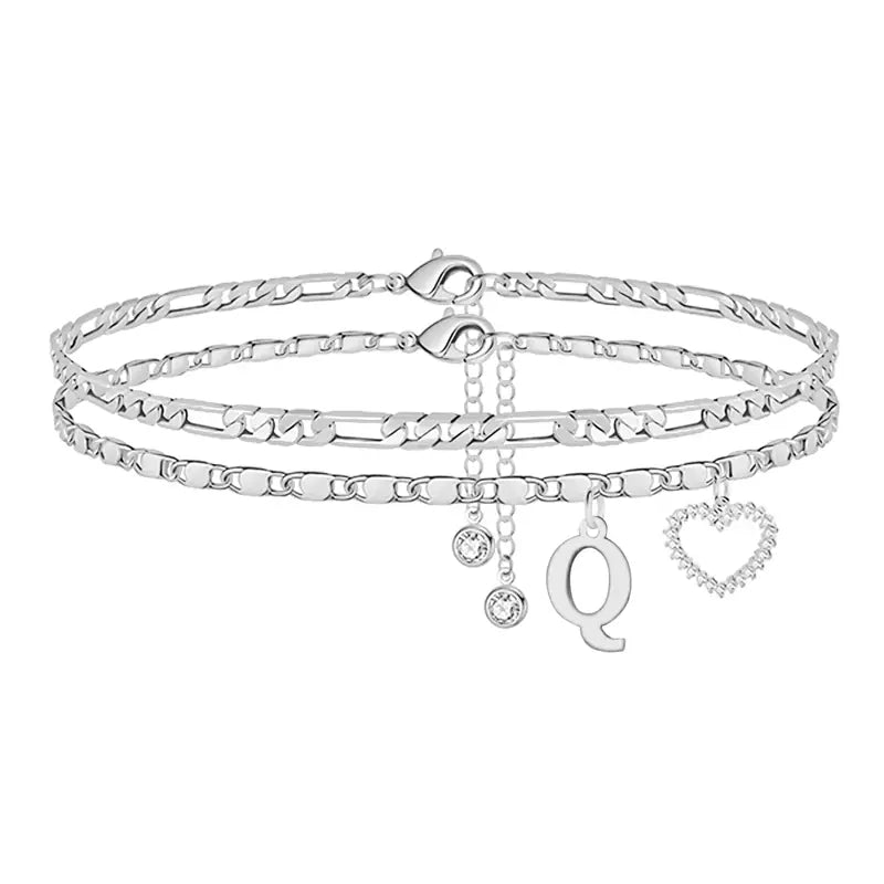 🎁Double-Layer 26-Letter Gold-Tone Chain Heart-Shaped Anklet with a heart-shaped pendant