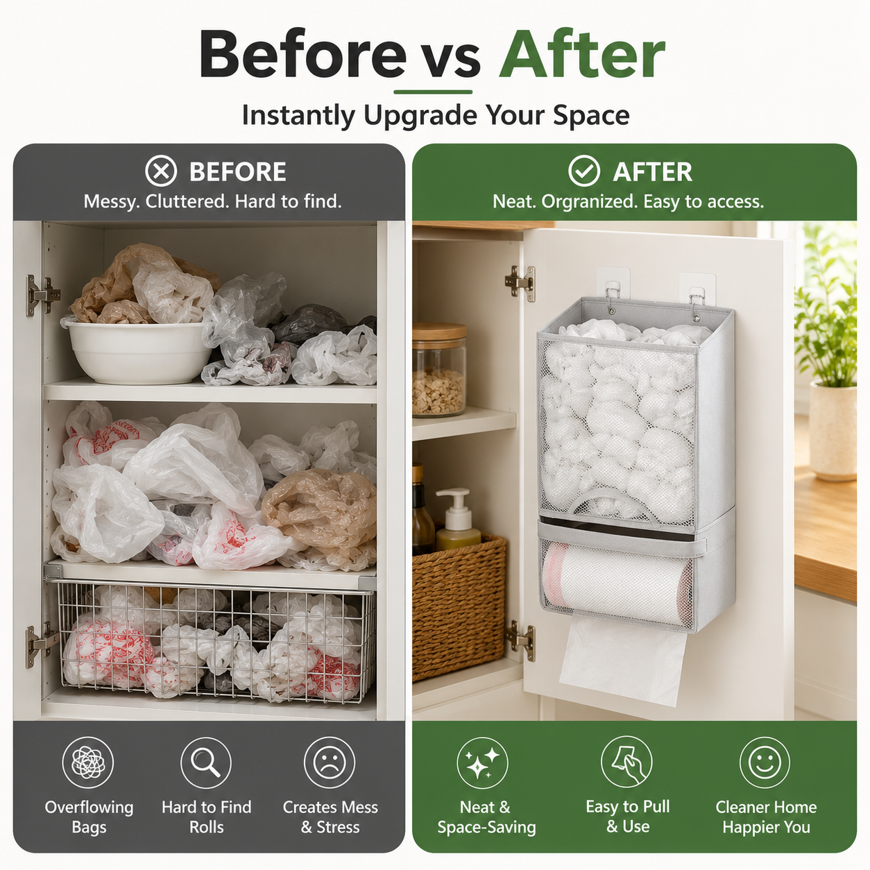 2-in-1 Plastic Bag Holder | Extra Large Kitchen Bag Organizer