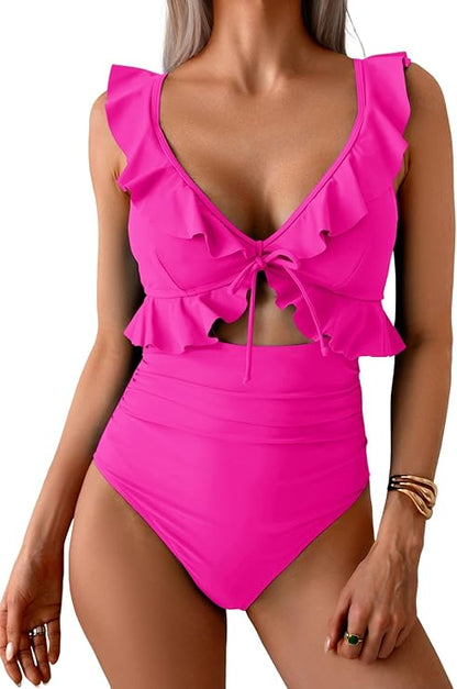 One Piece Swimsuit for Women Tummy Control Ruffle Bathing Suit V Neck Ruched Swim Suit Slimming Cutout Swimwear