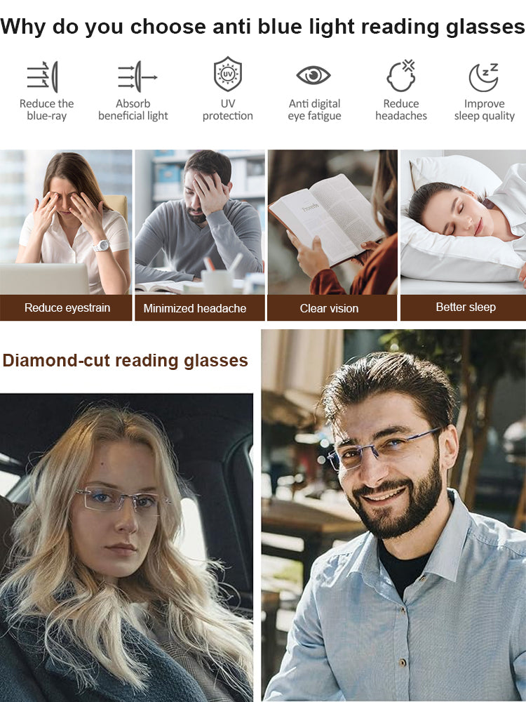 Diamond Edge Frameless Glasses – Blue Light Blocking Clear Readers for Men & Women