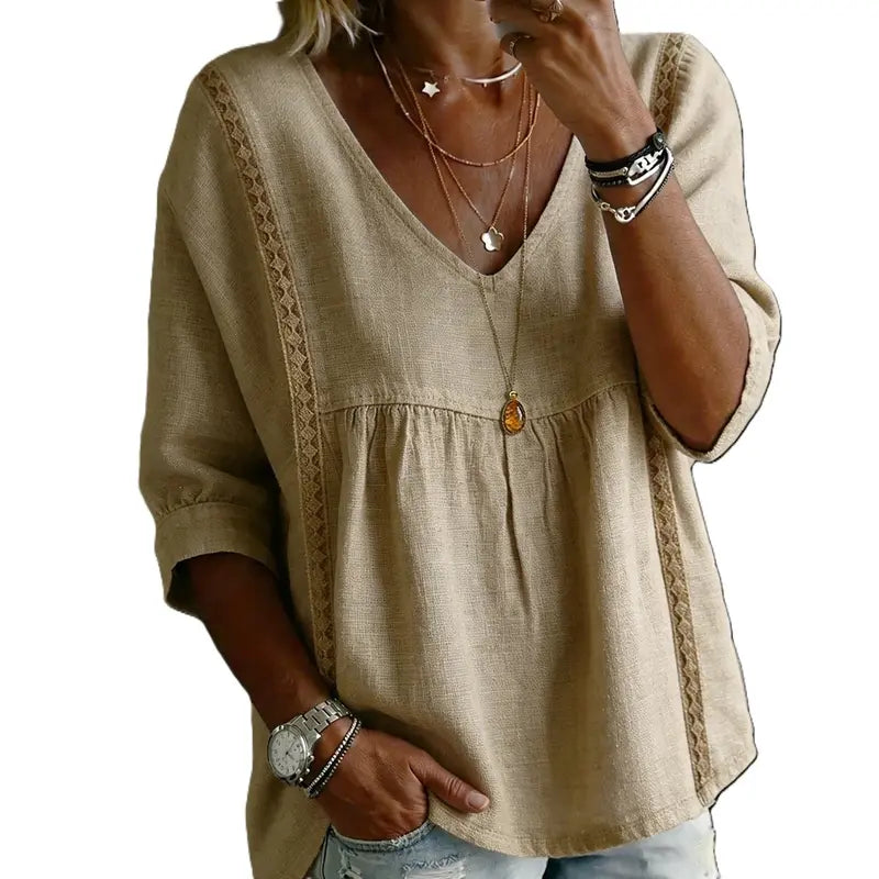 🌸 Bohemian Lace V-Neck Blouse – Puff Sleeves & Side Cut-Outs ✨