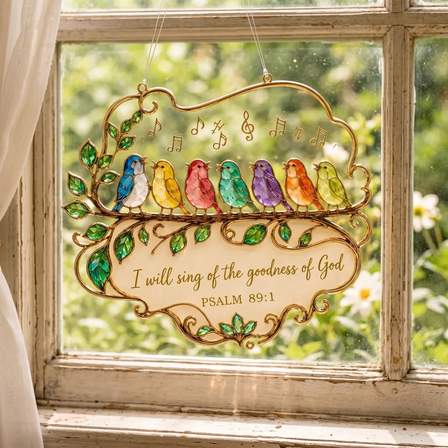 🐦🎶 Psalm 89:1 Songbird Window Suncatcher | Stained-Glass Style Faith Decor with Colorful Birds & Scripture 🕊️✨