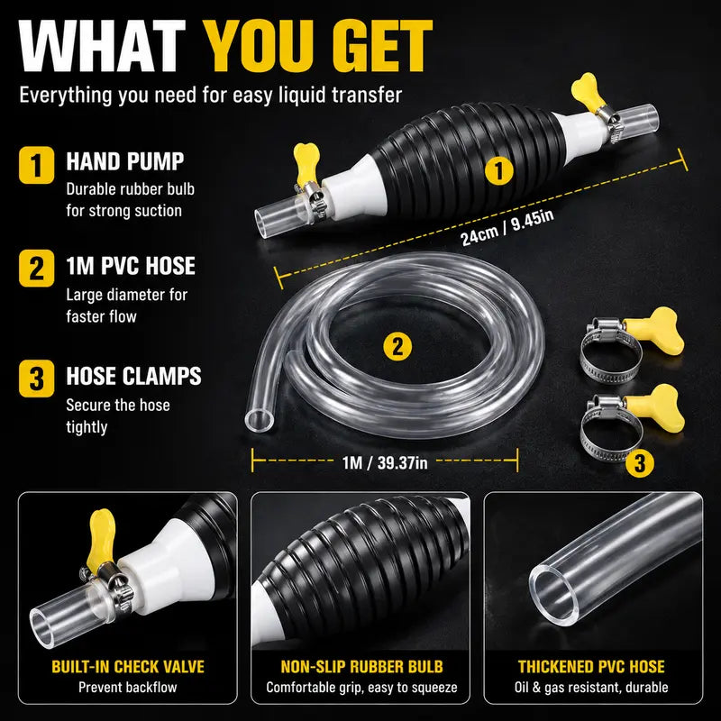 Manual Siphon Pump Kit with 1M Hose, Rubber Pump Bulb & 2 Hose Clamps, Liquid Transfer Pump for Fuel Water Oil, Car Boat Motorcycle