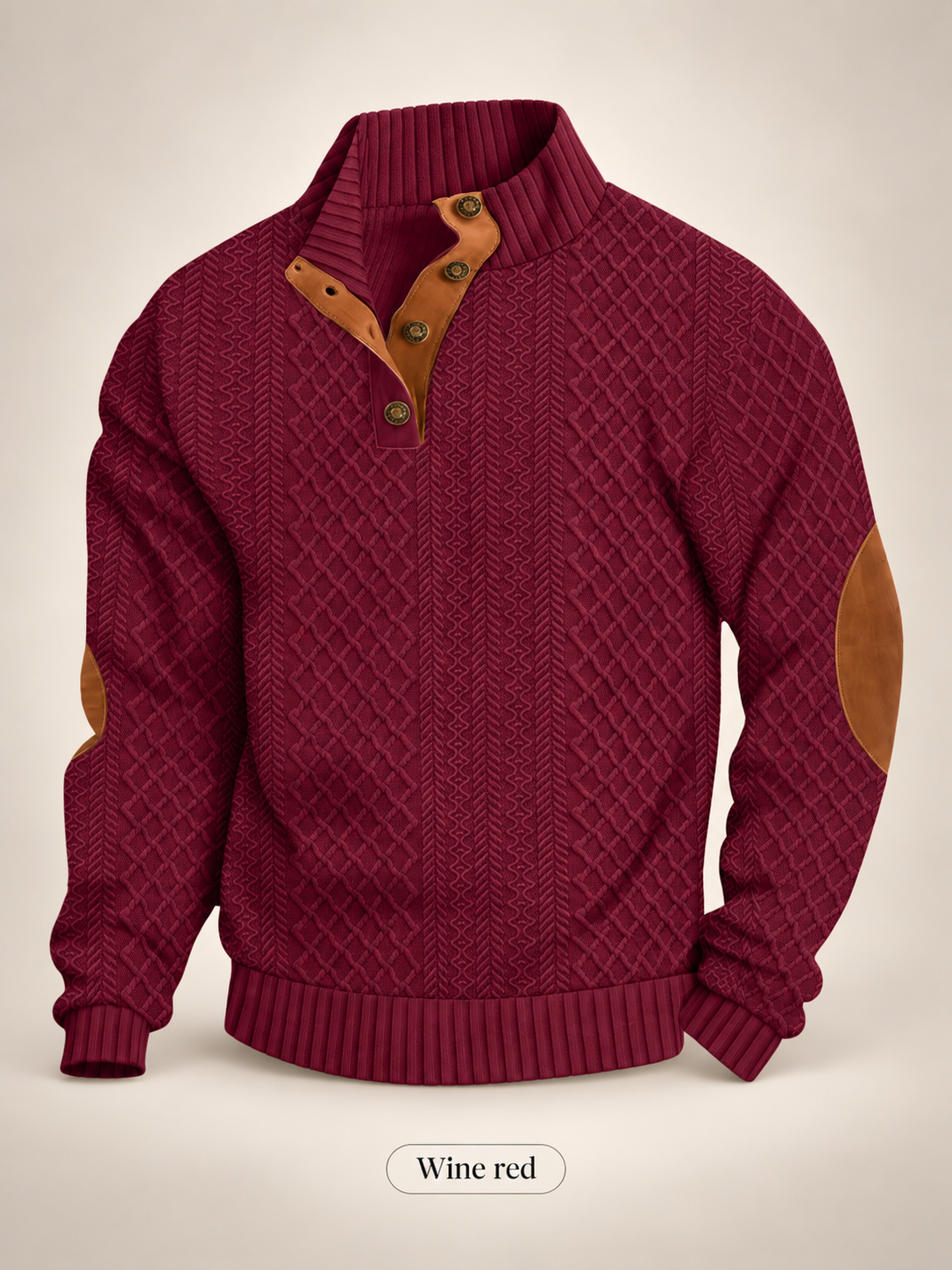 Men's Jacquard Knit Pullover Sweater – Stand Collar, 280gsm Diamond Weave, Elbow Patch, Micro-Stretch Long Sleeve