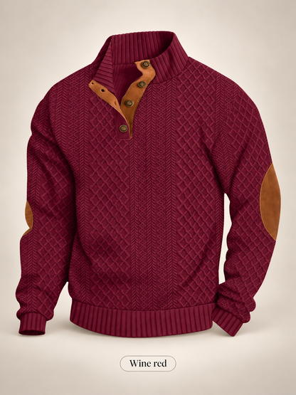 Men's Jacquard Knit Pullover Sweater – Stand Collar, 280gsm Diamond Weave, Elbow Patch, Micro-Stretch Long Sleeve