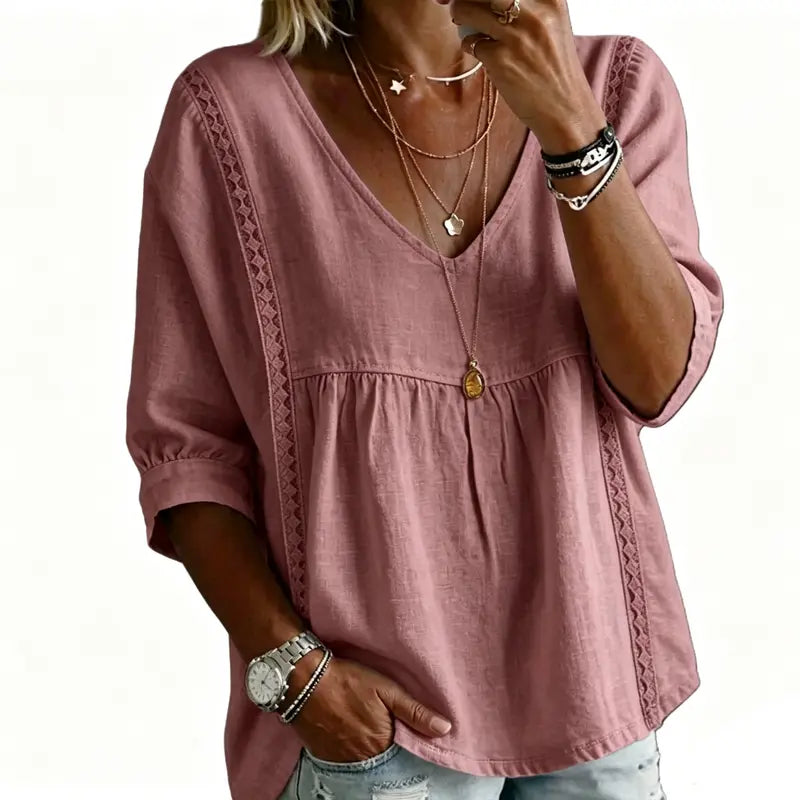 🌸 Bohemian Lace V-Neck Blouse – Puff Sleeves & Side Cut-Outs ✨