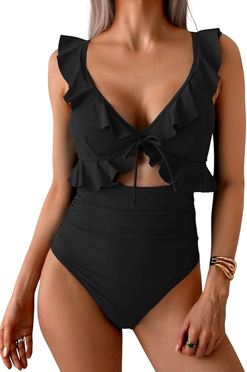 One Piece Swimsuit for Women Tummy Control Ruffle Bathing Suit V Neck Ruched Swim Suit Slimming Cutout Swimwear