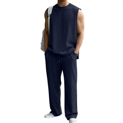 ⚡Hot Sales 49% OFF🔥Men's 2 Piece Rib Knit Sweatsuit Summer Sleeveless Tank Top Baggy Wide Leg Pants Set