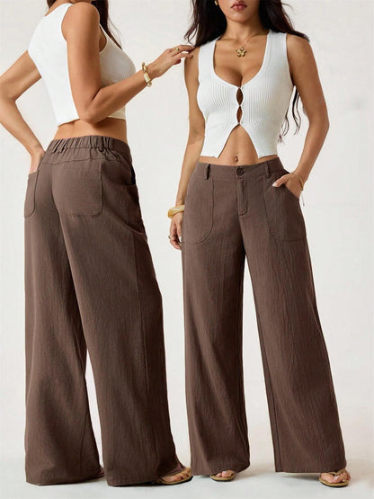 Women's Classical Linen Palazzo Pants Summer Flowy Wide Straight Leg Beach Trousers With Pocket Casual Solid Color Soft Elastic High Waist Lounge Pants