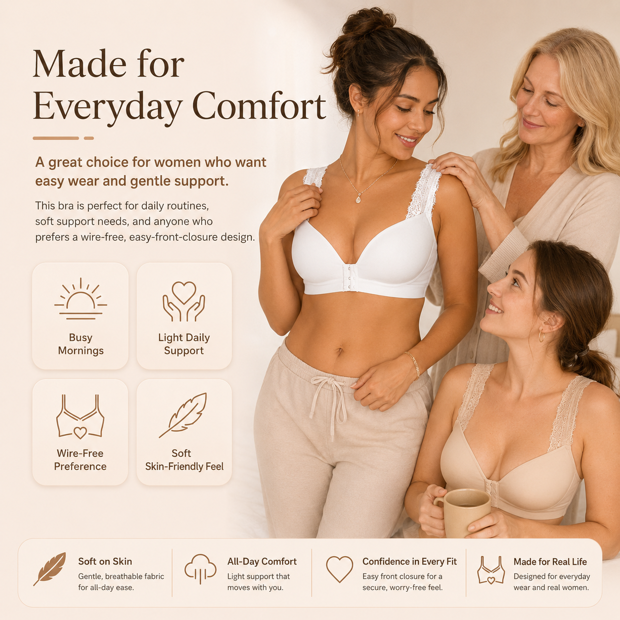 ☁️Big-size gathered front snap closure fixed cup lace bra-style bra