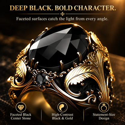 Vintage Gothic Black Gemstone Men's Ring – Ornate Gold Filigree Statement Jewelry