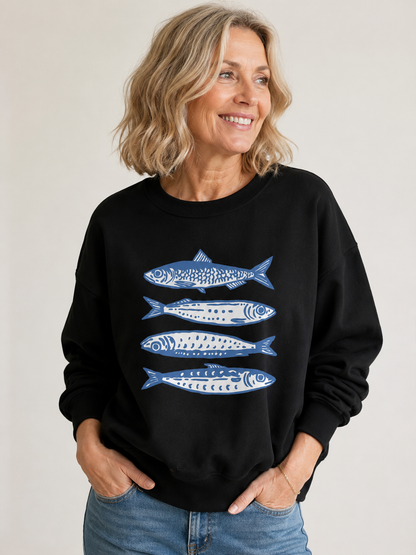 🐟 Trendy Pick 💙 Women’s Sardine Print Sweatshirt - Casual Crewneck Sporty Top
