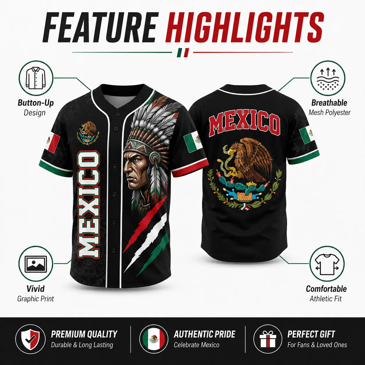 Mexican Flag Eagle Aztec Warrior Jersey - Vintage Style Sports Shirt