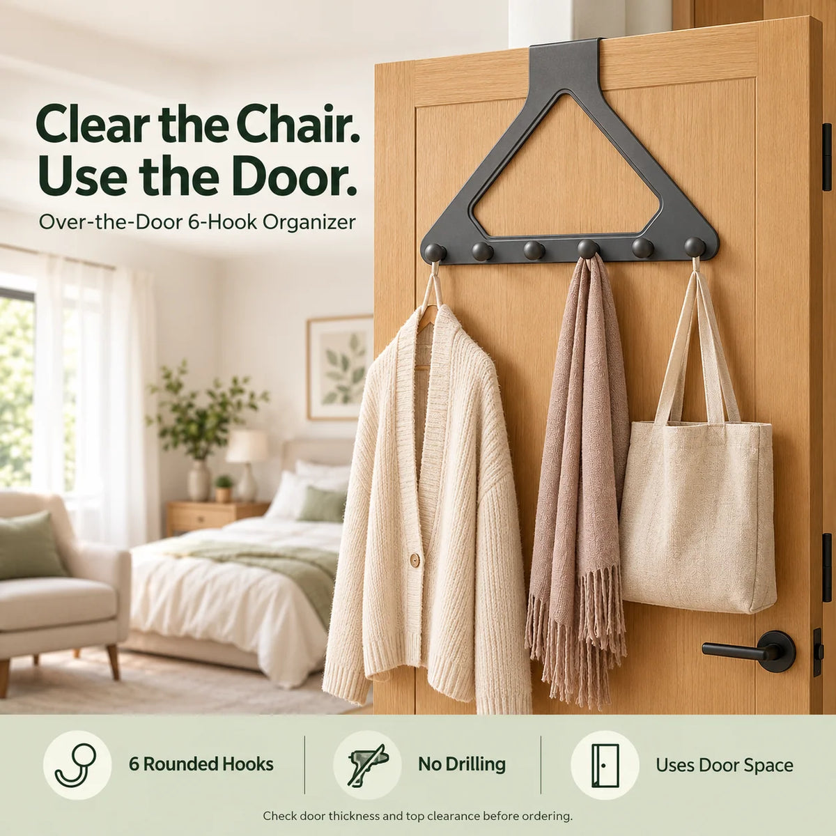 🚪 Over-the-Door 6-Hook Organizer – No-Drill Triangle Rack for Clothes, Towels, Hats & Bags