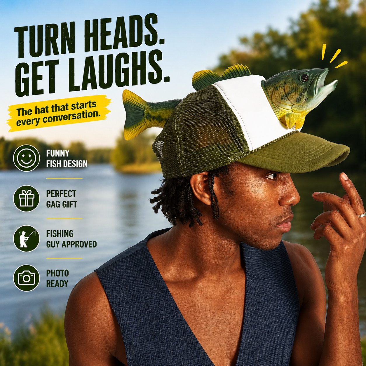 Bass Fish Hat - Hilarious Novelty Bass Fishing Hat, Perfect Gag Fishing Gift for Anglers, Dads & Fish Enthusiasts