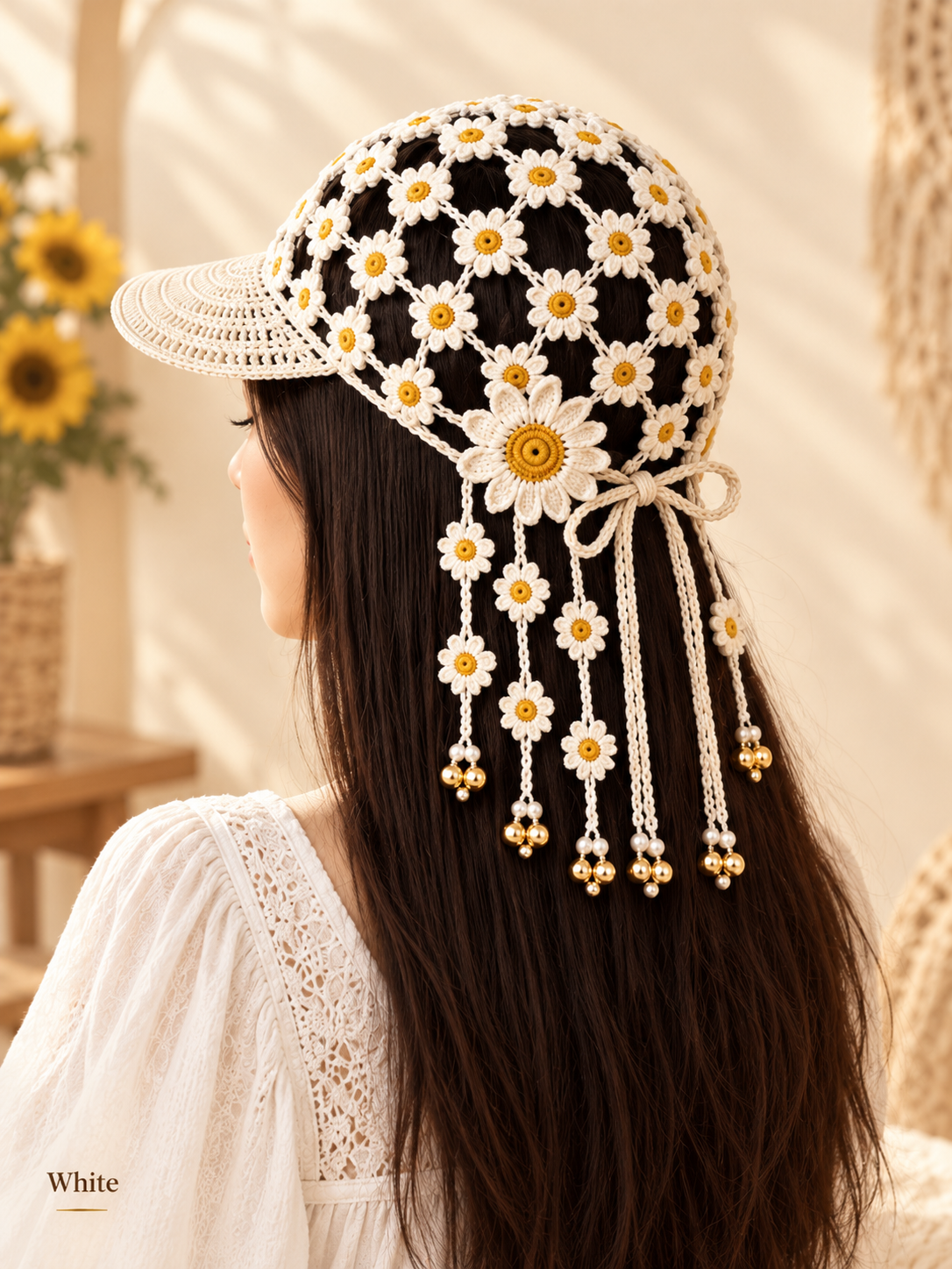 🌻 Handmade-Style Crochet Sunflower Boho Cap – Open-Knit Floral Tassel Baseball Hat