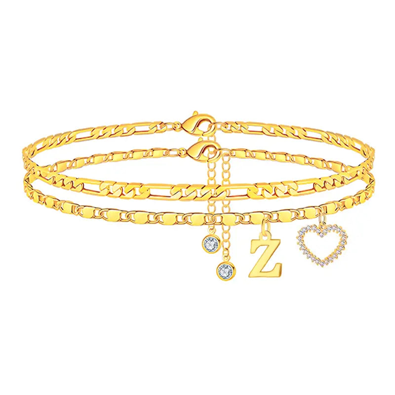 🎁Double-Layer 26-Letter Gold-Tone Chain Heart-Shaped Anklet with a heart-shaped pendant