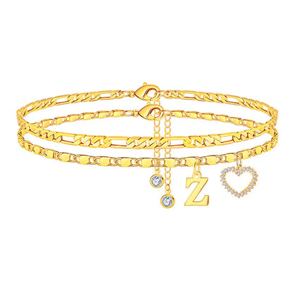 🎁Double-Layer 26-Letter Gold-Tone Chain Heart-Shaped Anklet with a heart-shaped pendant