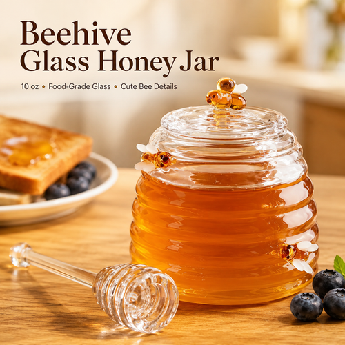 🔥Honey Jar with Dipper,Lid and Bee Decoration Beautiful Honey Shaped Glass Honey Pot