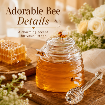 🔥Honey Jar with Dipper,Lid and Bee Decoration Beautiful Honey Shaped Glass Honey Pot
