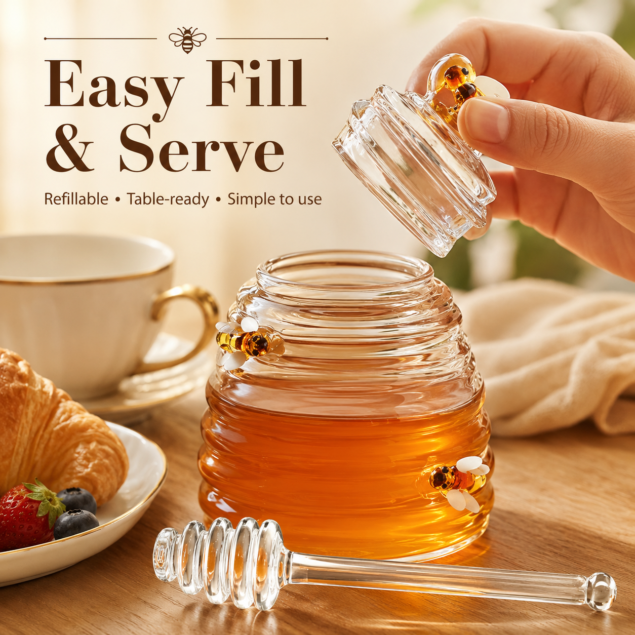 🔥Honey Jar with Dipper,Lid and Bee Decoration Beautiful Honey Shaped Glass Honey Pot