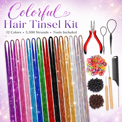 ✨Colorful Heat-Resistant Hair Tinsel Kit with Tools 48 Inches Glitter Tinsel Extensions