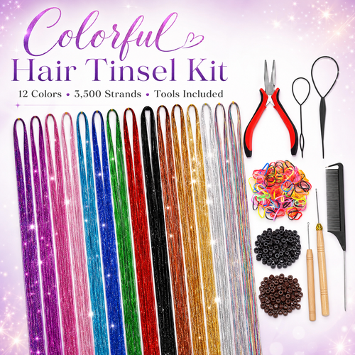 ✨Colorful Heat-Resistant Hair Tinsel Kit with Tools 48 Inches Glitter Tinsel Extensions