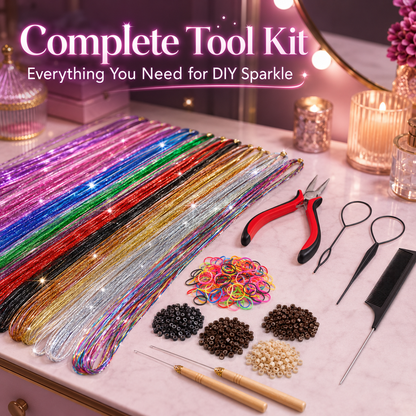✨Colorful Heat-Resistant Hair Tinsel Kit with Tools 48 Inches Glitter Tinsel Extensions