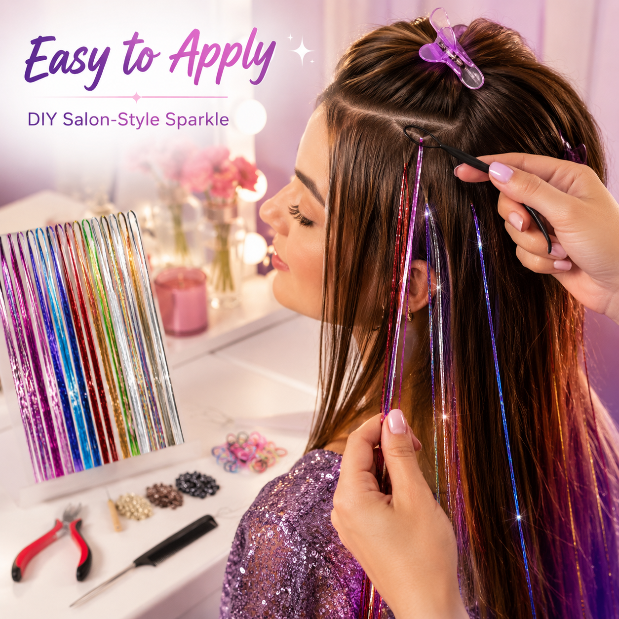 ✨Colorful Heat-Resistant Hair Tinsel Kit with Tools 48 Inches Glitter Tinsel Extensions