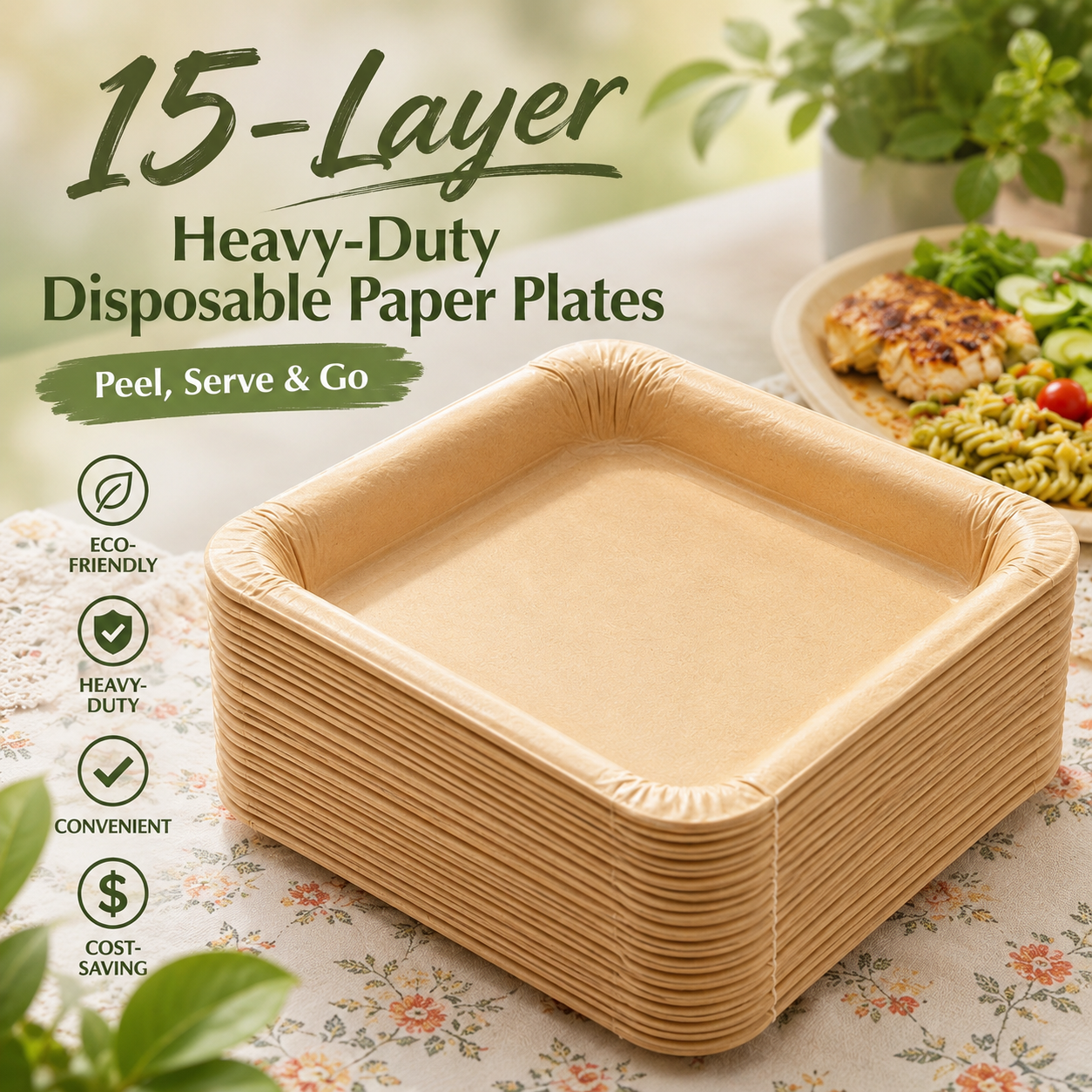 🔥Bestseller｜15 Servings Total - Large 9.5in X 9.5in Multi-Use Reusable Paper Plates
