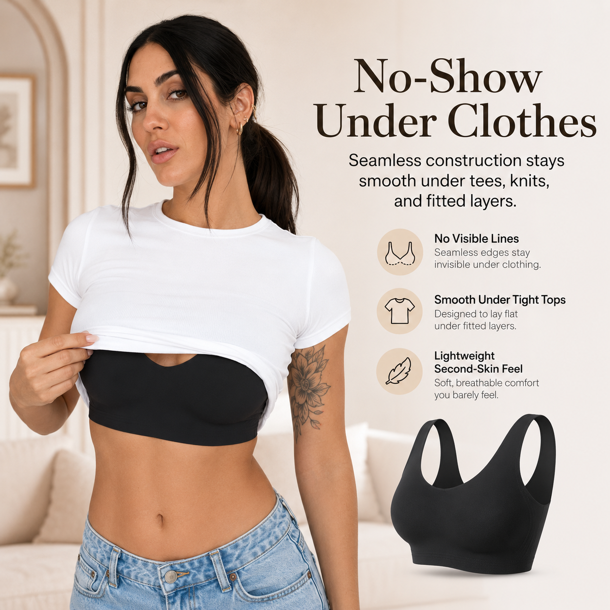 Seamless Wireless Bralette – Wide Comfort Straps, Breathable Lightweight Nude Bra, Smart Size Stretchy Fit