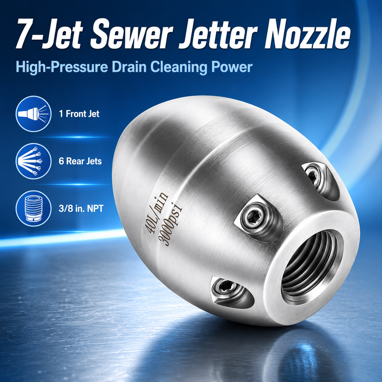 ⚡3/8” NPT High Pressure Sewer Jetter Nozzle for Pressure Washer（40 L/Min, 3000 PSI）