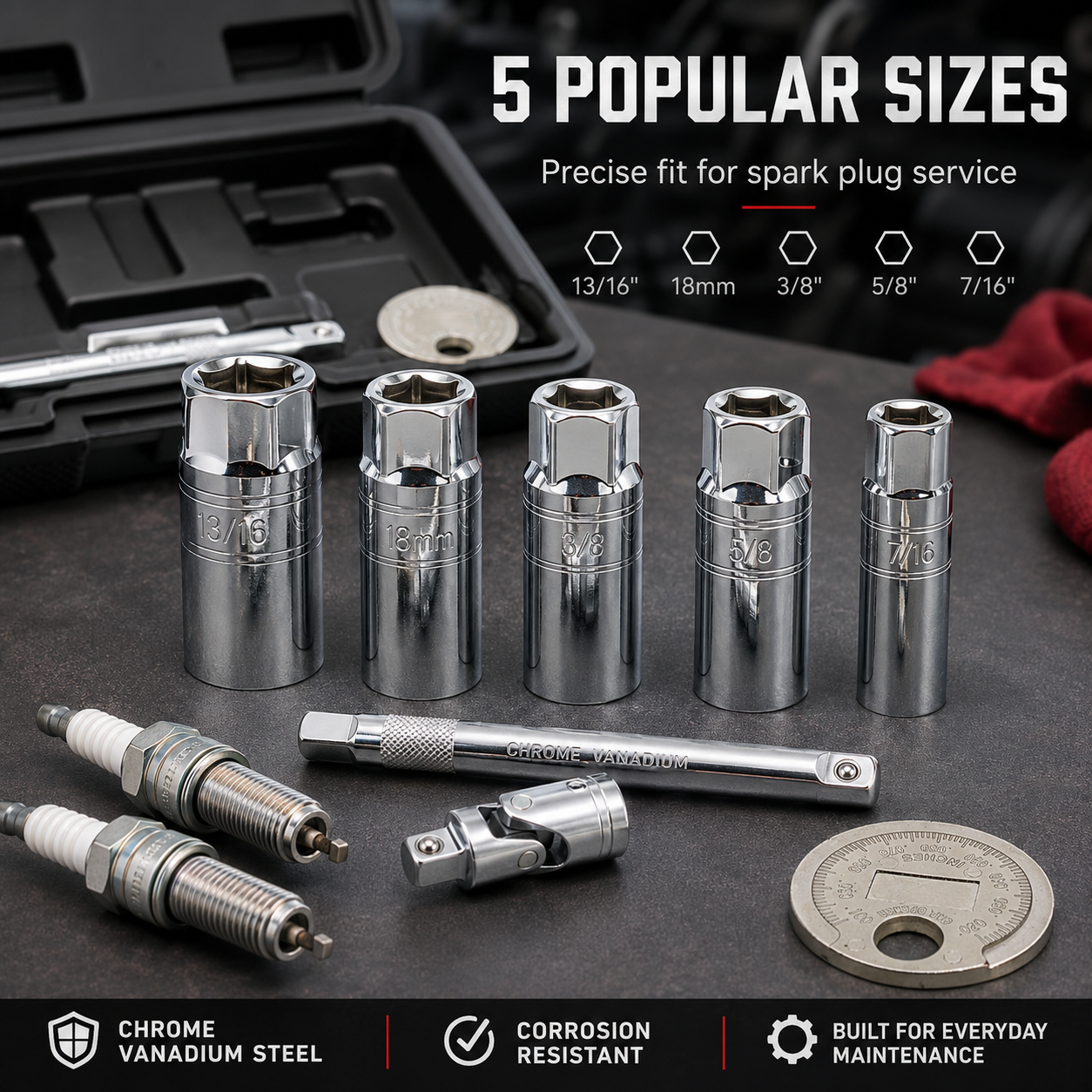 🔥3/8-Inch Drive 6-Point CR-V Steel Spark Plug Socket Wrench Set (8-Piece) 🛠️