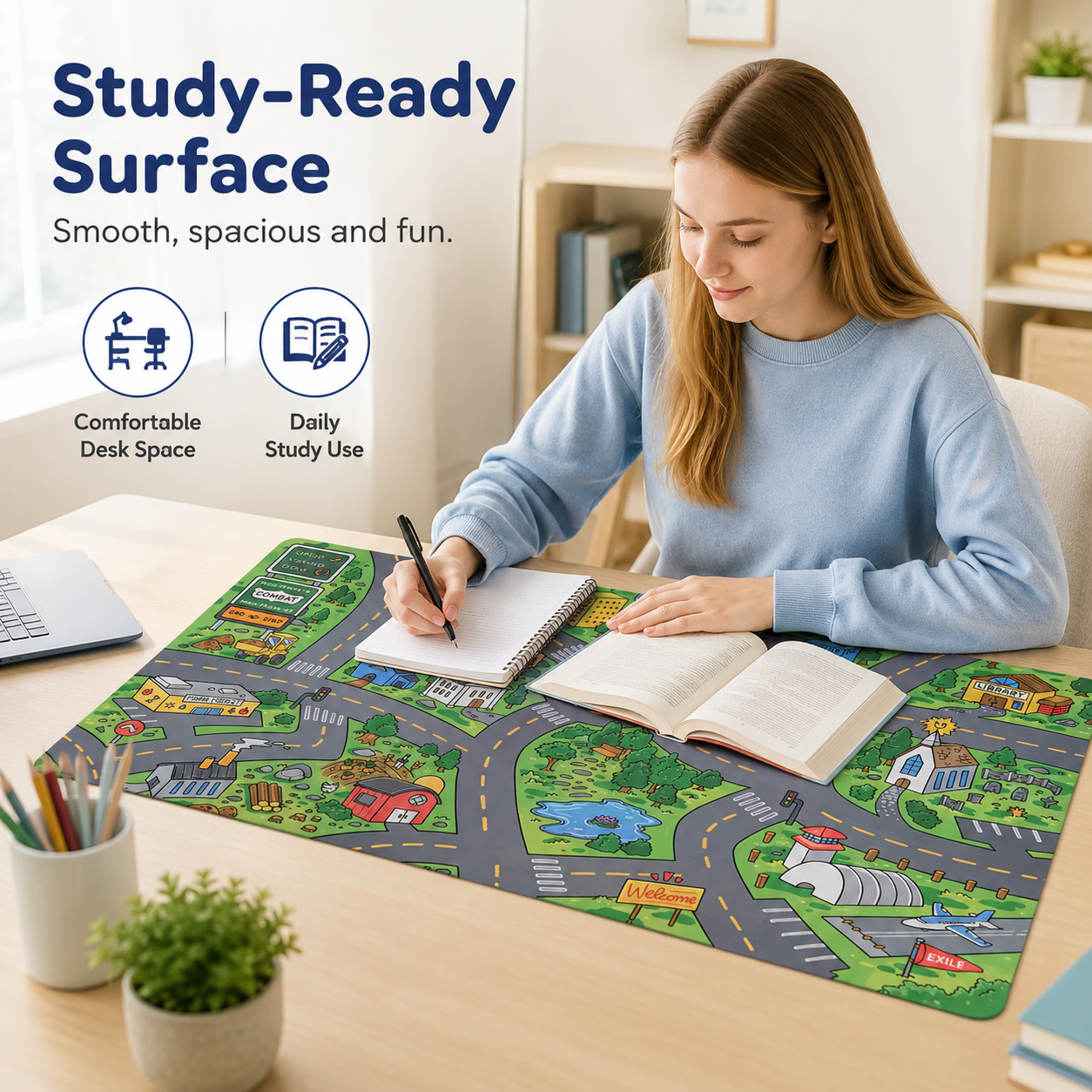 🔥Cartoon City Street Large Mouse Pad - Ultra-Smooth Desk Mat with Stitched Edges