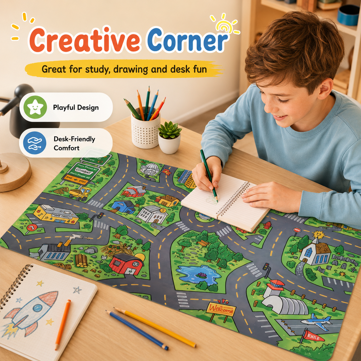 🔥Cartoon City Street Large Mouse Pad - Ultra-Smooth Desk Mat with Stitched Edges