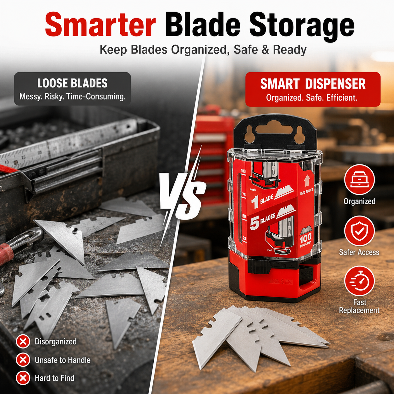 🔥100-Pack Utility Blades Premium Tempered SK2M Steel with Dispenser