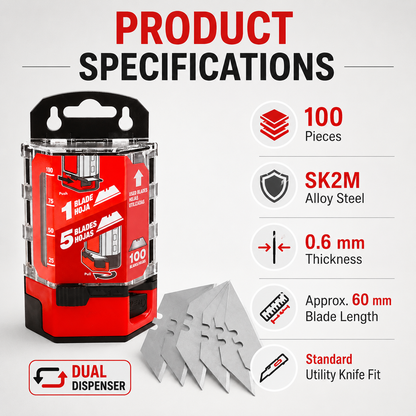 🔥100-Pack Utility Blades Premium Tempered SK2M Steel with Dispenser