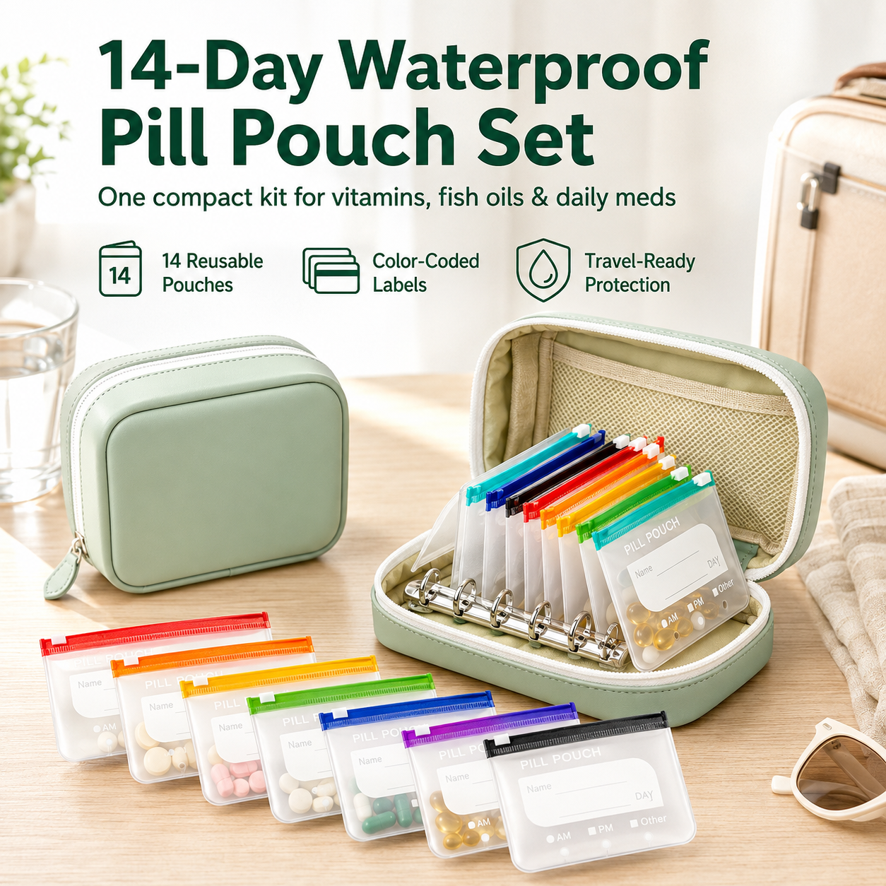 💊 Waterproof Pill Pouch Set – 14pcs A8 Bags, 7–14 Day Med Organizer with Color Labels
