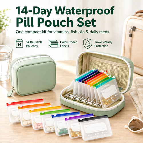 💊 Waterproof Pill Pouch Set – 14pcs A8 Bags, 7–14 Day Med Organizer with Color Labels