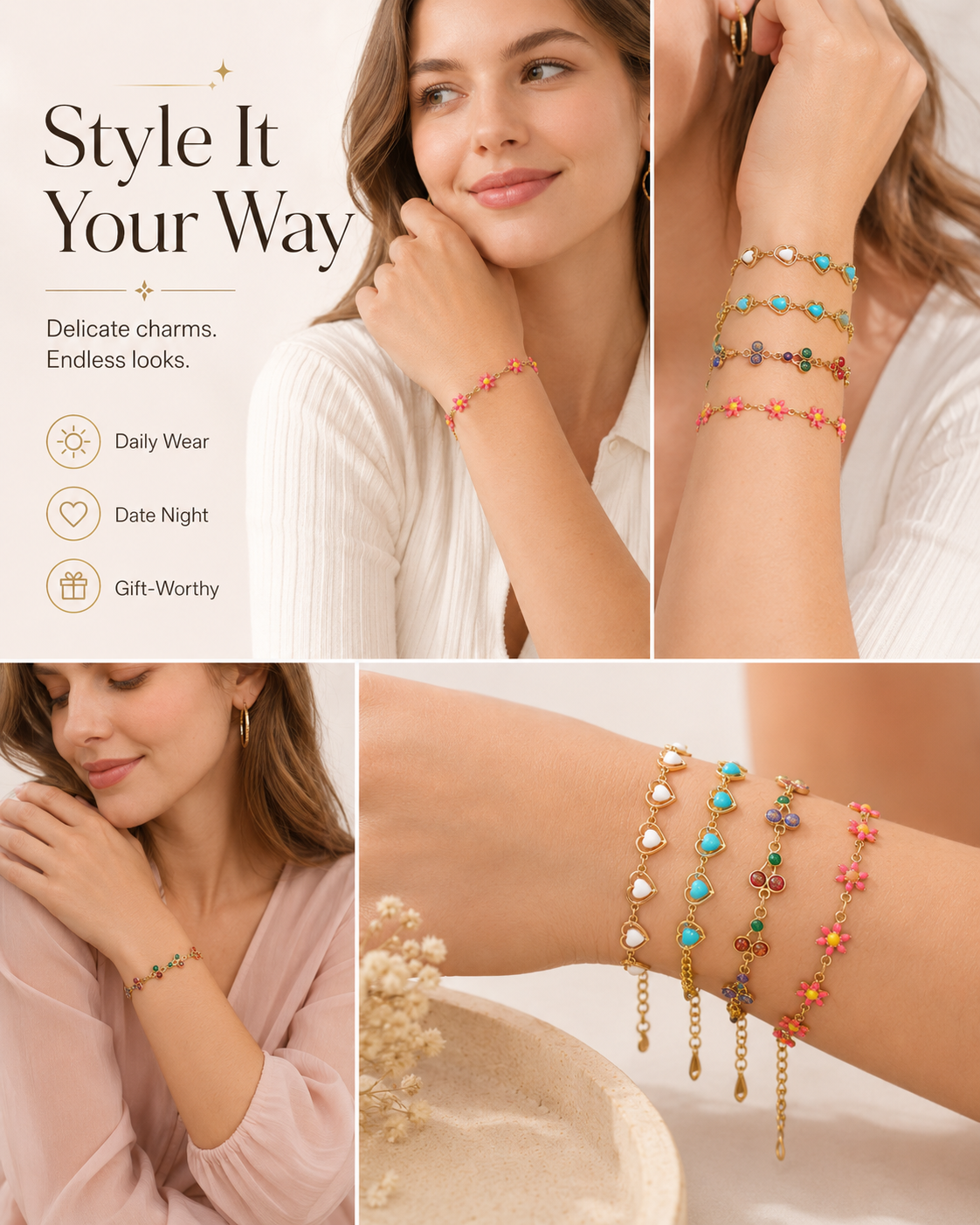 🔥Hot Sale | Cherry Heart Bracelet – Gold-Tone Versatile Fashion Jewelry