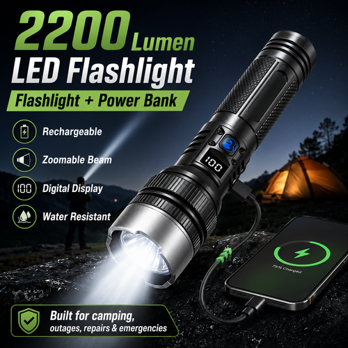 🔦 Rechargeable Zoomable Flashlight – 2-in-1 Power Bank with Digital Display, Waterproof