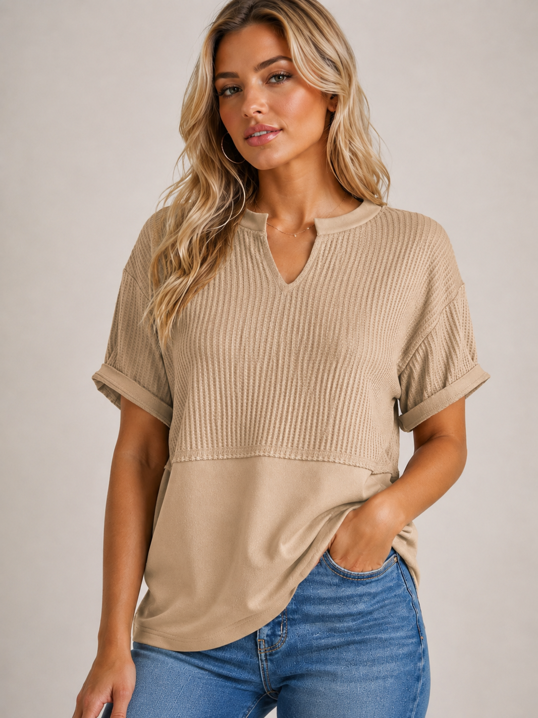🔥 Summer Sale Women's Waffle Knit V-Neck Tunic Top