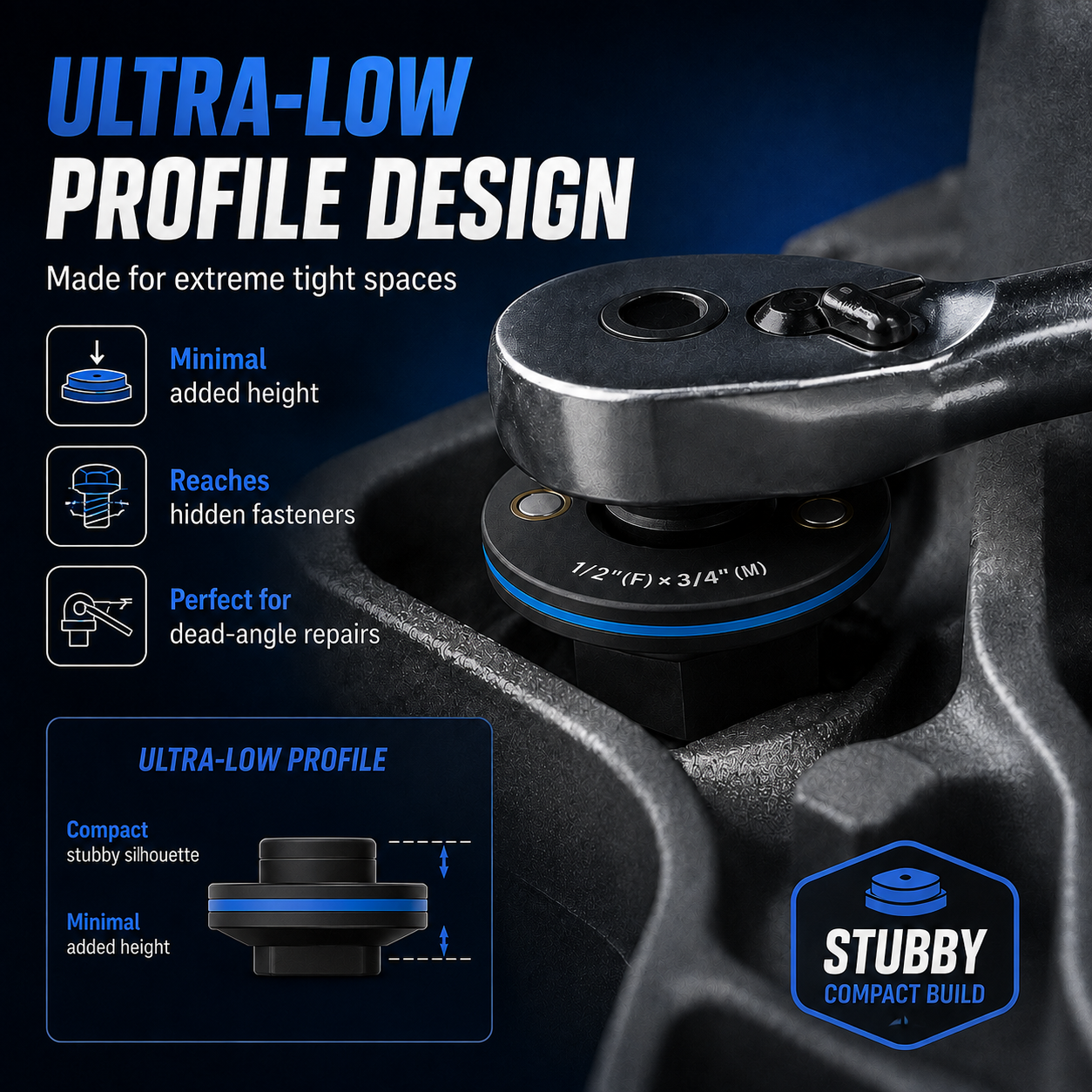 🔧 Stubby Impact Socket Adapter Set – 4PCS Low-Profile Ratchet Adapters for Tight Spaces