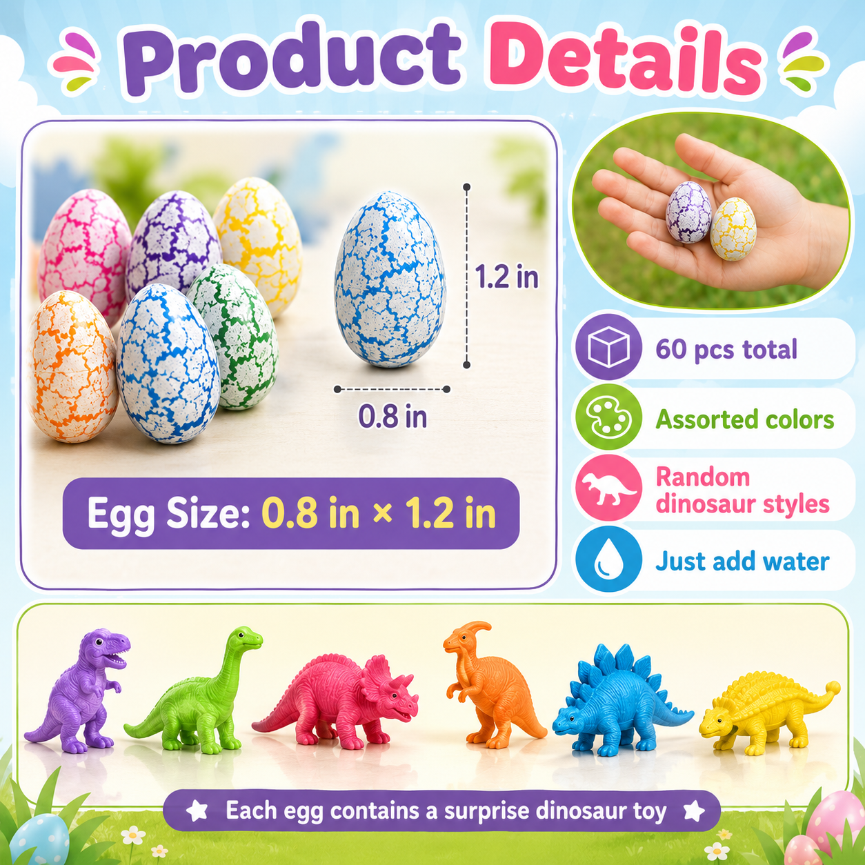 🥚 60PCS Hatching Dino Eggs – Grow-in-Water Surprise Toys for Kids' Party Favors