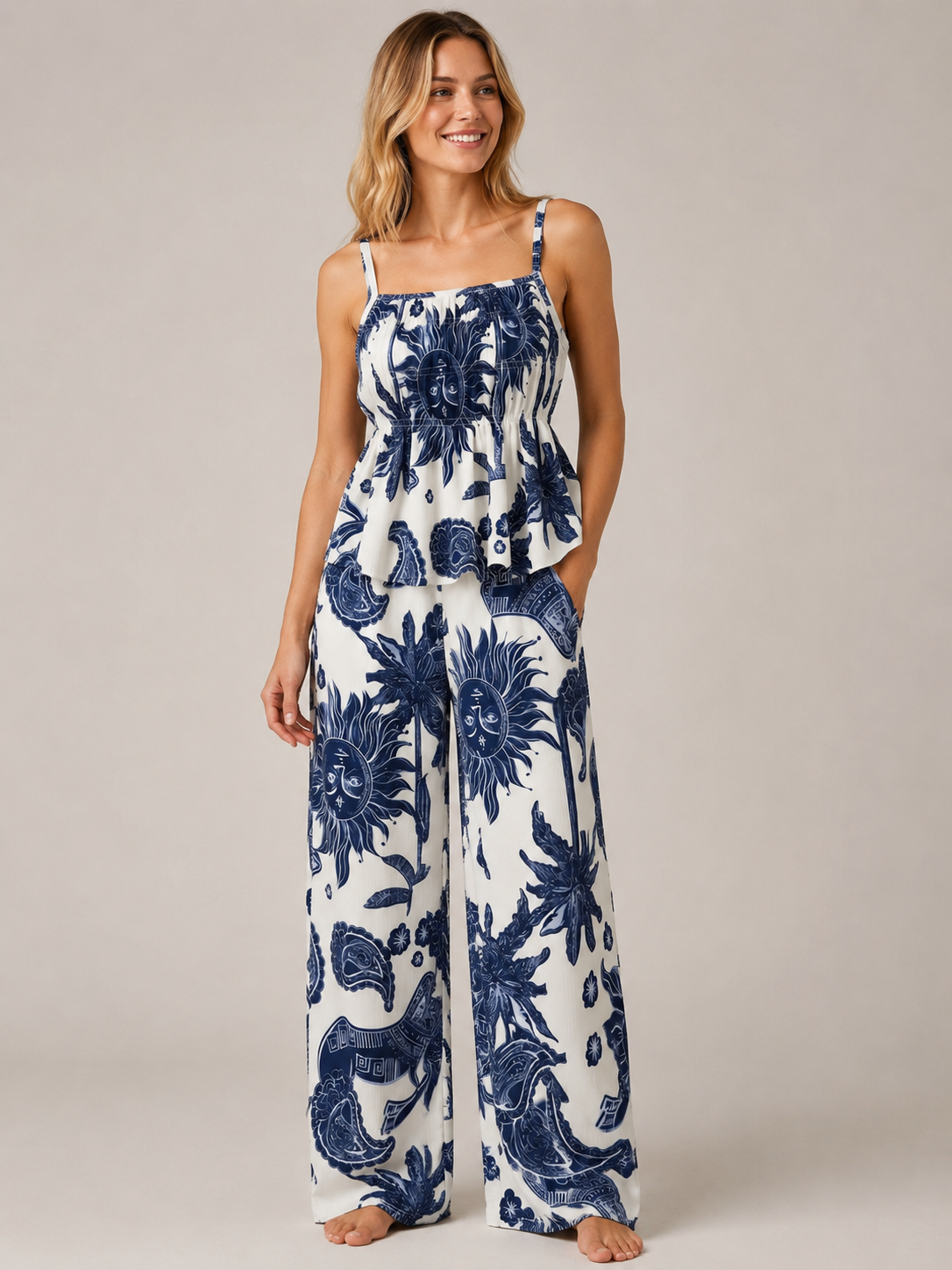 🔥 Limited-Time Sale  Women’s Solid Color Cami Top & Wide-Leg Pants 2-Piece Set