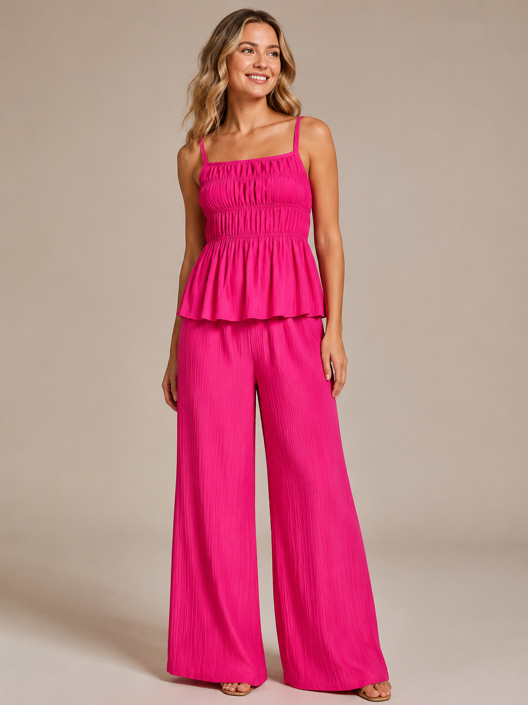 🔥 Limited-Time Sale  Women’s Solid Color Cami Top & Wide-Leg Pants 2-Piece Set