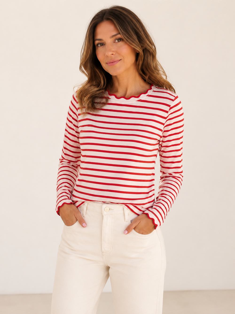 ✨ Fresh Fashion Pick Women’s Striped Long Sleeve Scalloped Trim Cotton Tee
