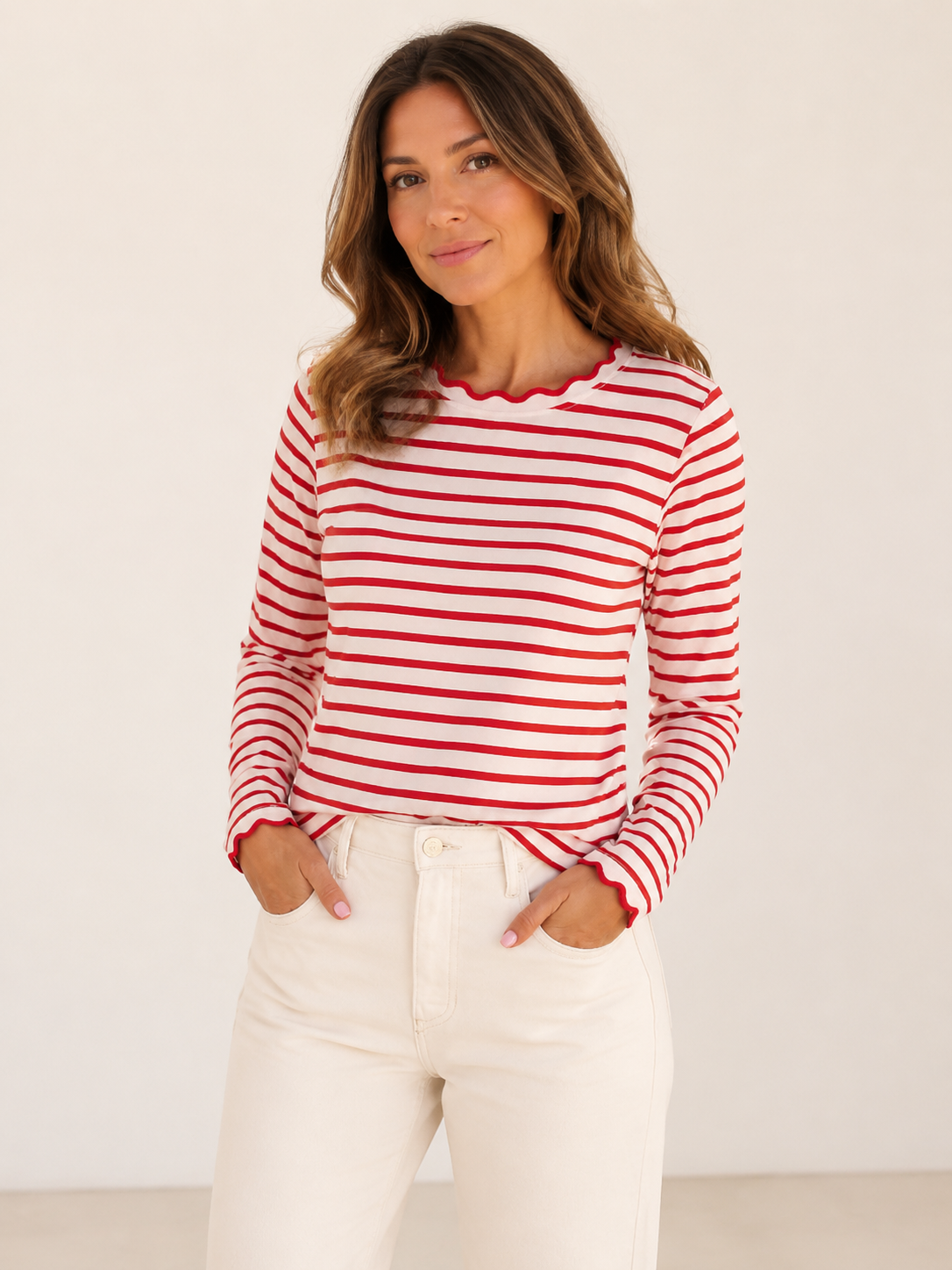 ✨ Fresh Fashion Pick Women’s Striped Long Sleeve Scalloped Trim Cotton Tee