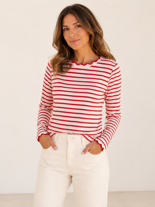 ✨ Fresh Fashion Pick Women’s Striped Long Sleeve Scalloped Trim Cotton Tee