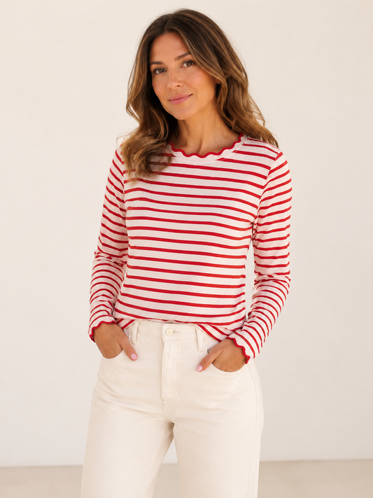 ✨ Fresh Fashion Pick Women’s Striped Long Sleeve Scalloped Trim Cotton Tee